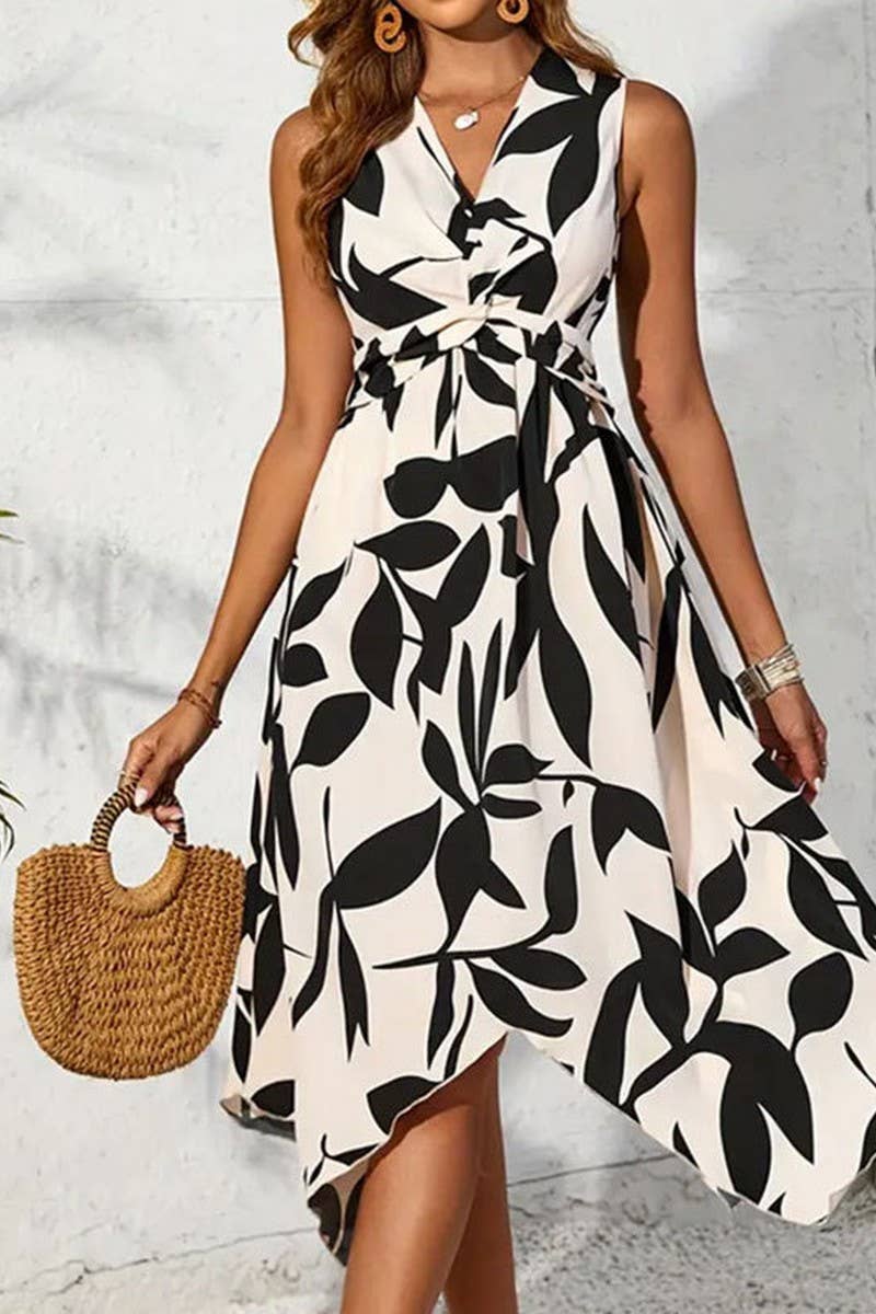 CWDSD3740_LEAF PRINT KINK IRREGULAR MIDI DRESS