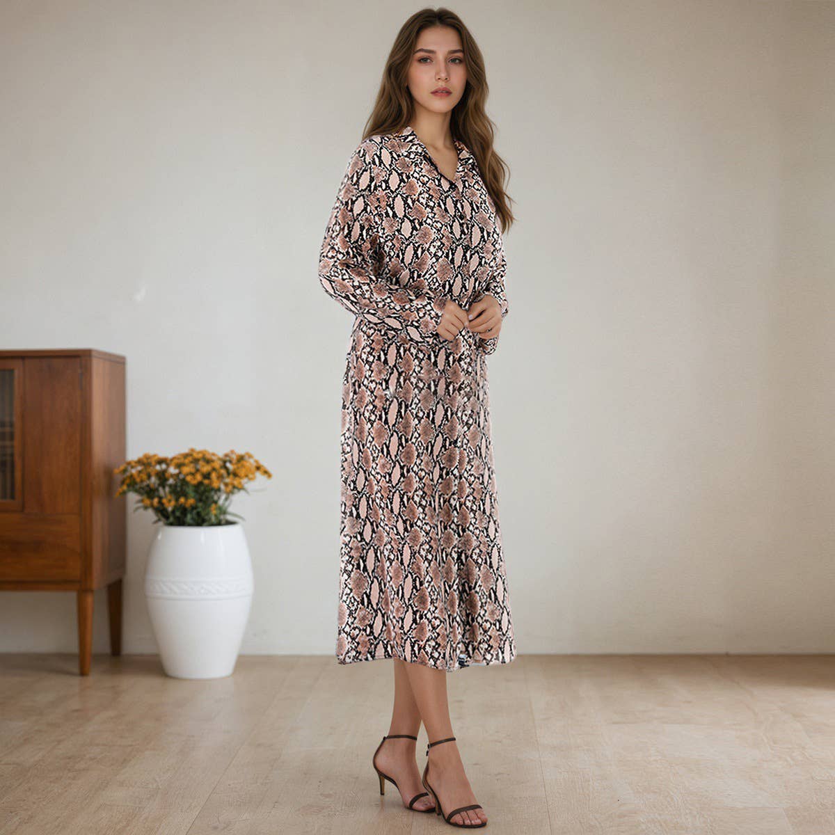 Long lapel snake print slit dress