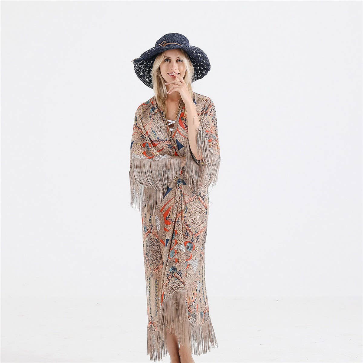 SUMMER TASSEL FLORAL PRINT OPEN FRONT KIMONO
