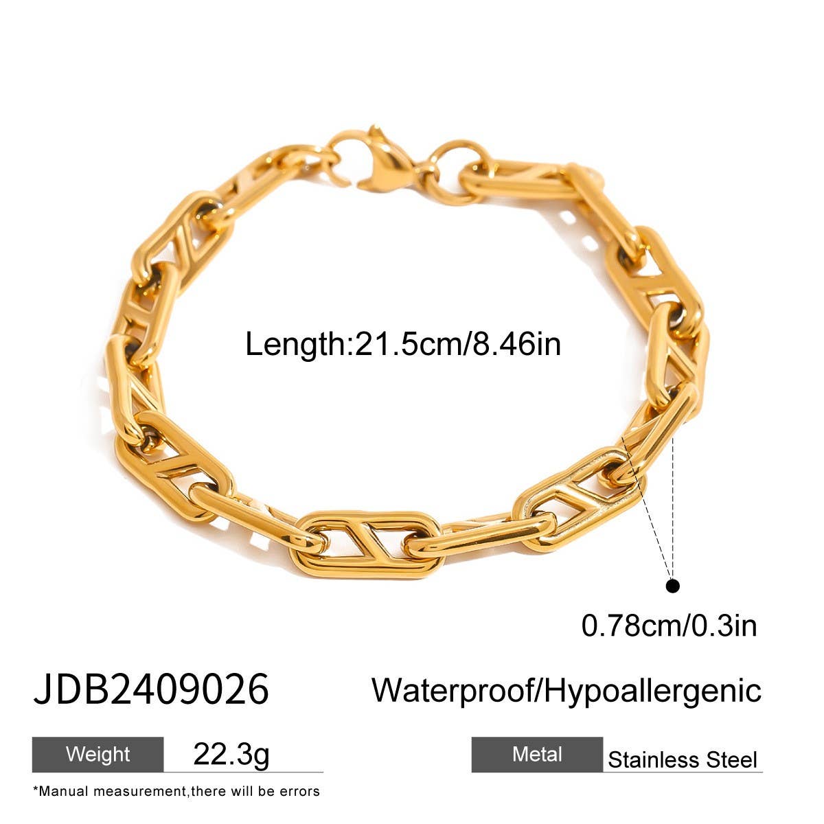 Gold Stainless Steel Chain Bracelet, No Fading