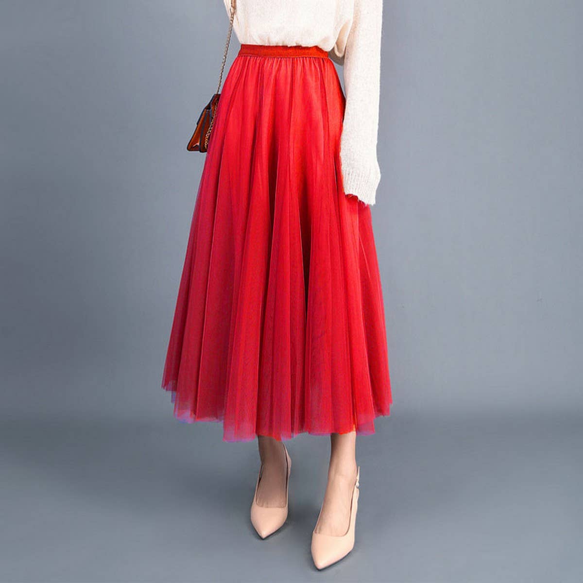 High-Waist Tulle A-Line Pleated Midi Skirt