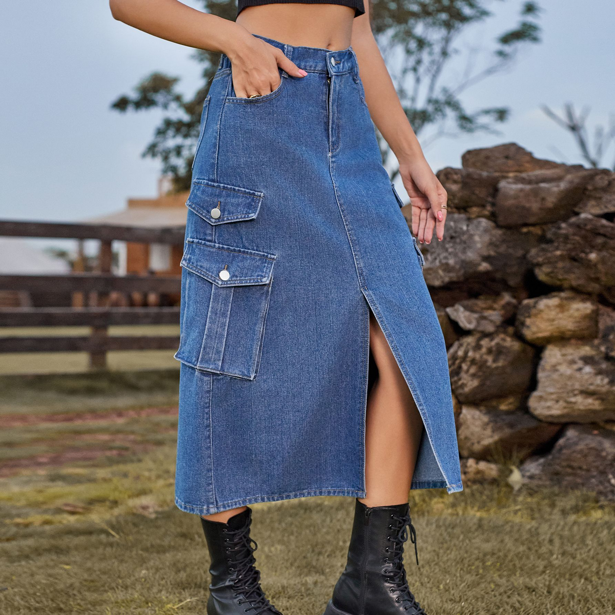 Women??¢s Casual Denim Midi Skirt Elastic Waist_CWJSK0204