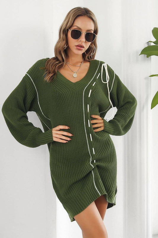 CWDSD7333_LOOSE NEW V-NECK LONG-SLEEVED SWEATER DRESS