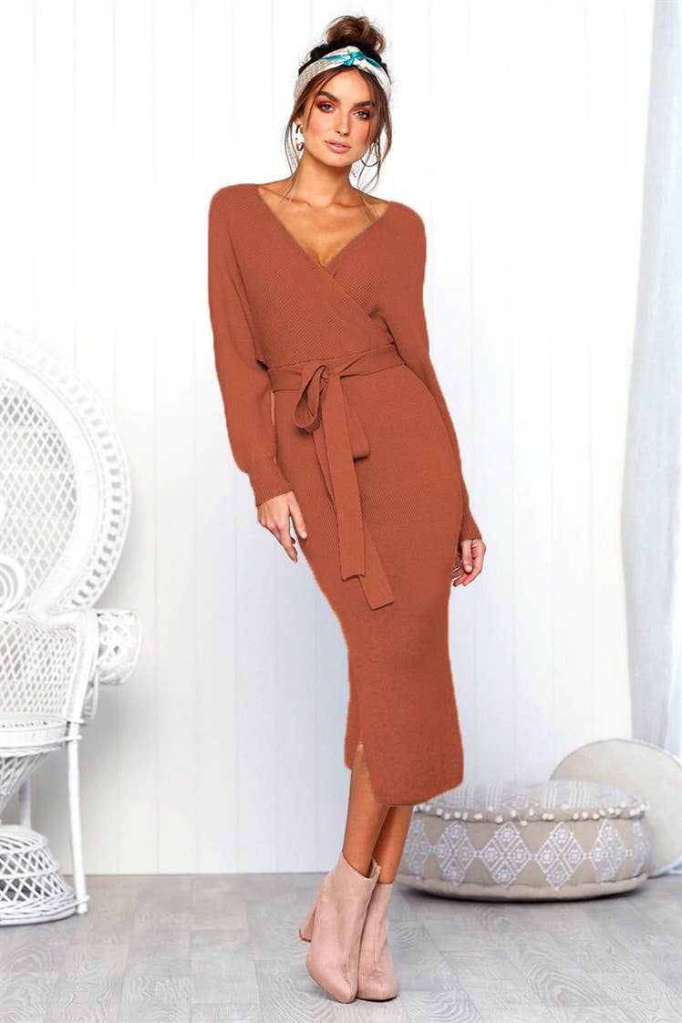 SEXY V-NECK LACE-UP LONG-SLEEVED DRESS