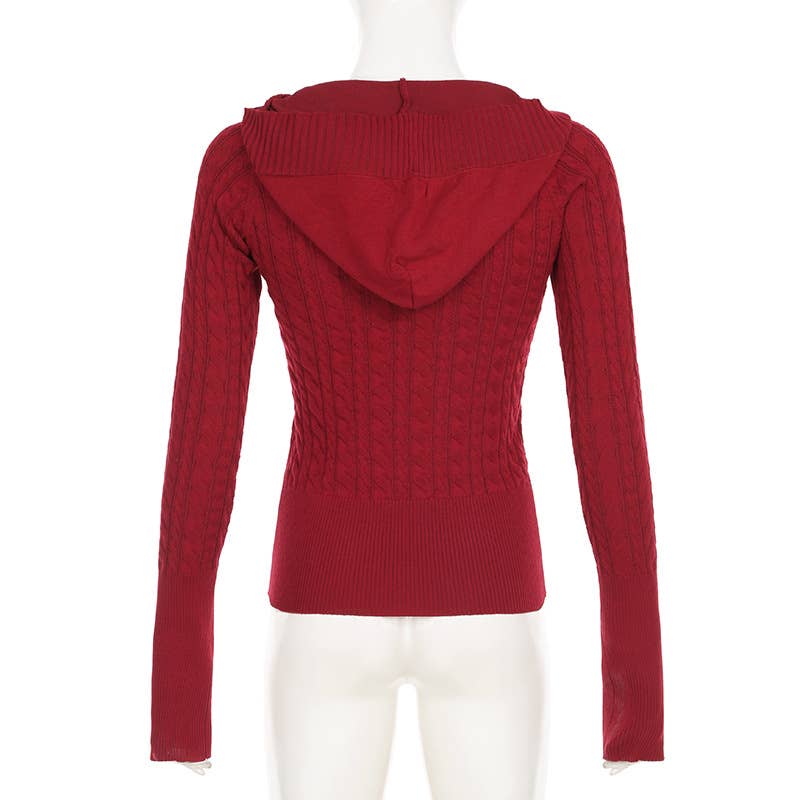 Solid-color deep V-neck hooded knitted sweater