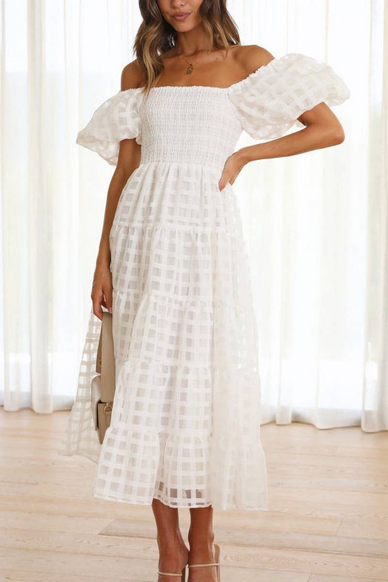 CWDMD5648_OFF SHOULDER LANTERN SLEEVE TIERED RUFFLE DRESS