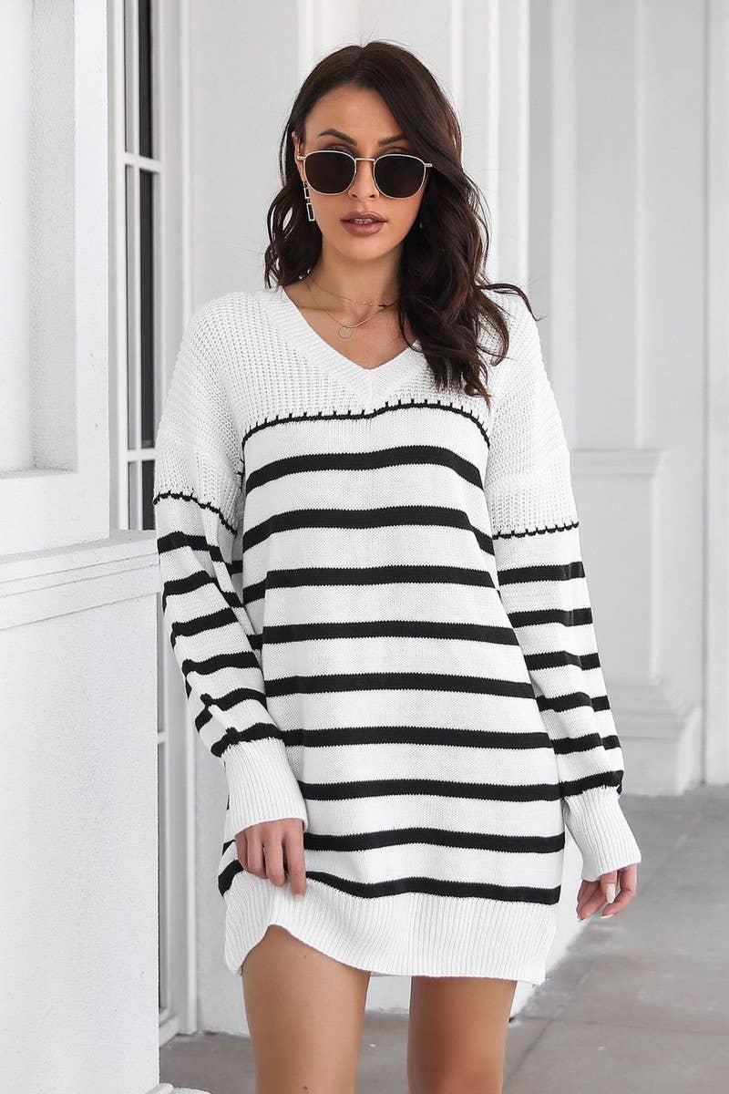 CWDSD7332_STRIPED V-NECK DROP SHOULDER LOOSE DRESS