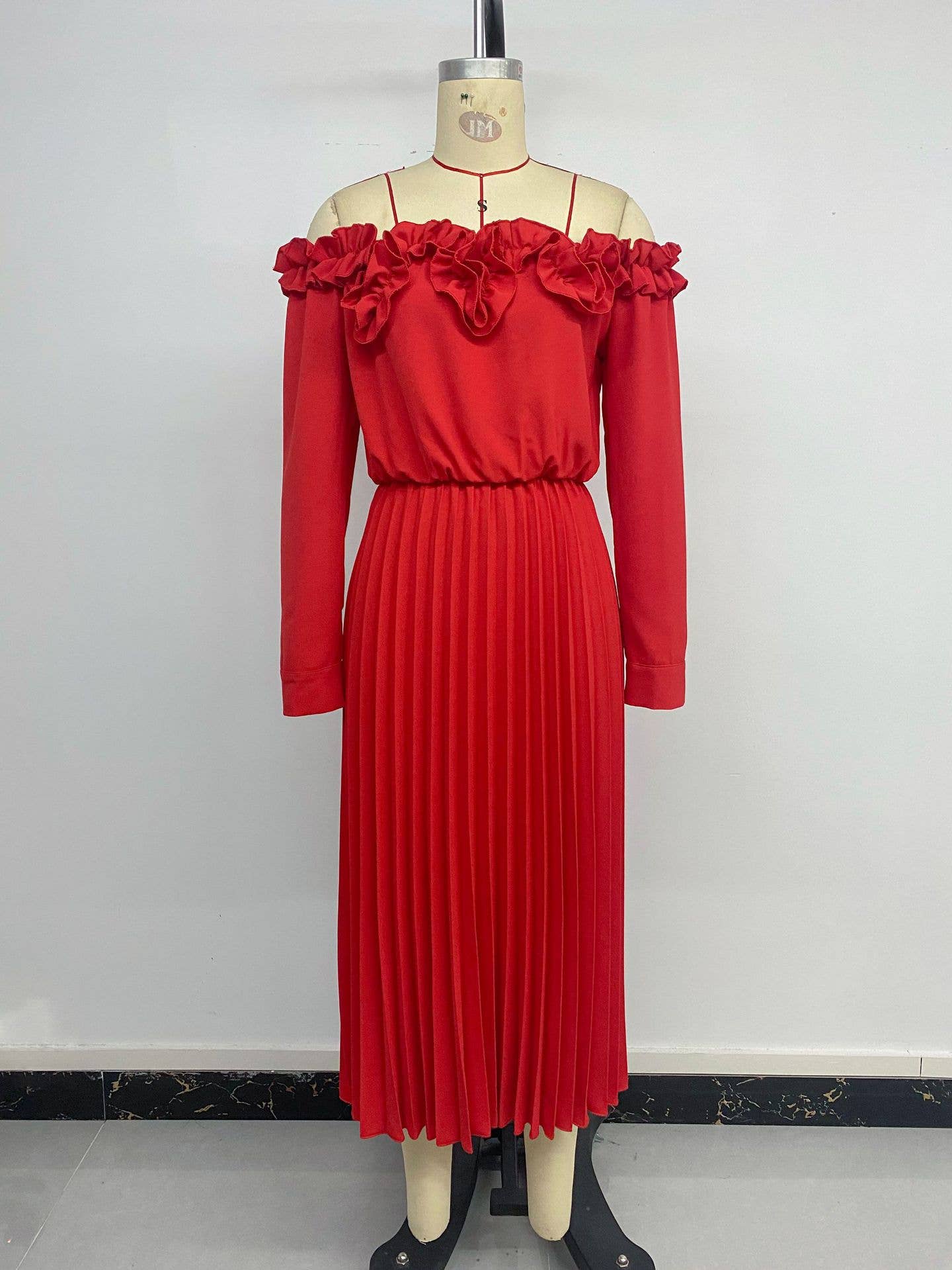 One-shoulder long-sleeved cinched waist dress