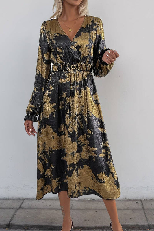 CWDMD3874_V-NECK LONG-SLEEVED A-LINE GOLD-STAMPED DRESS