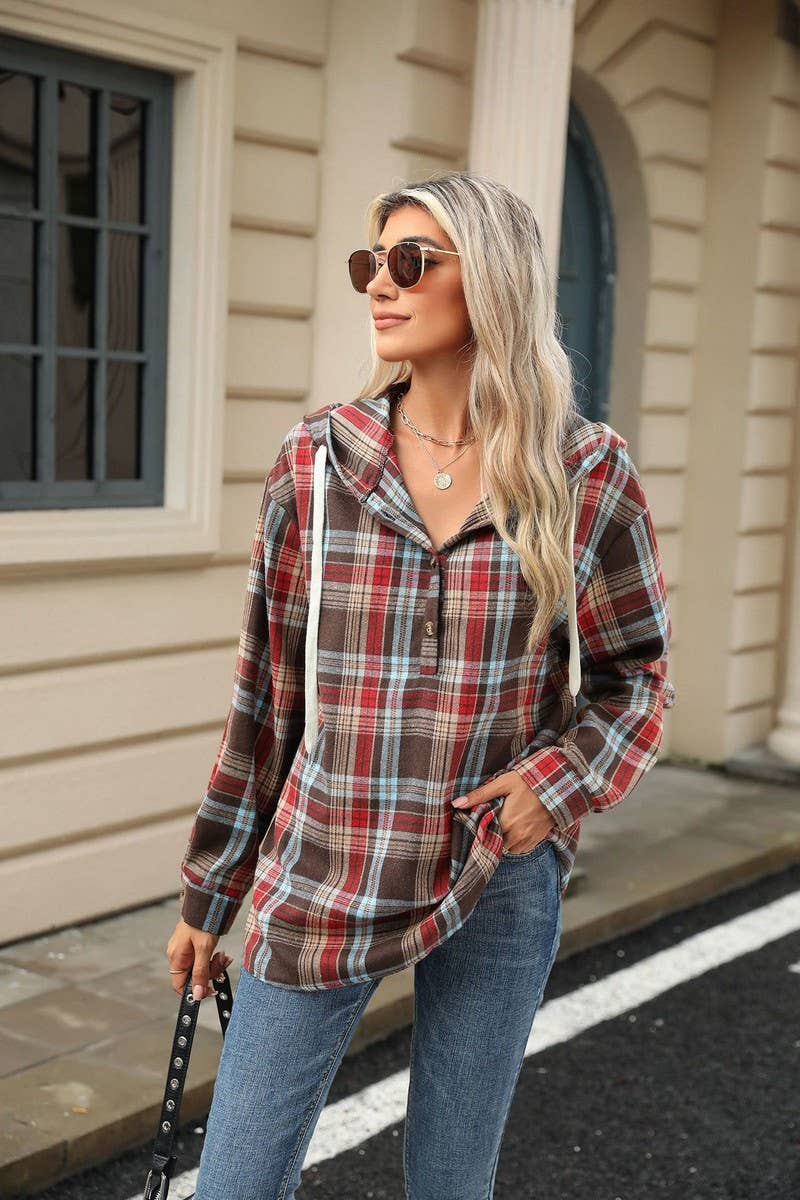 CWOHOL1113_AUTUMN AND WINTER PLAID LOOSE HOODED SWEATSHIRT