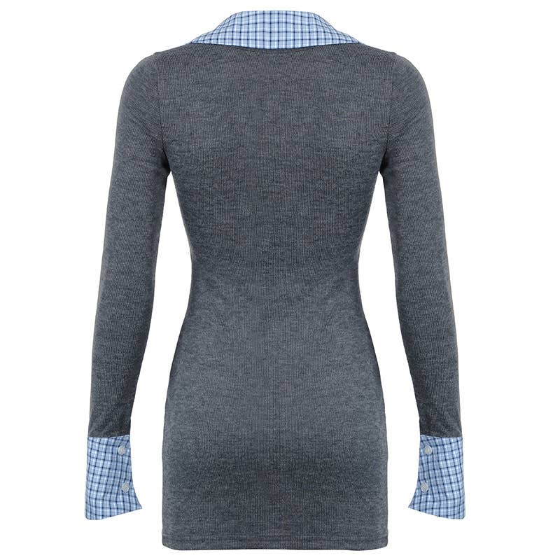 PREPPY PATCHWORK SHIRT NECK LONG-SLEEVED DRESS