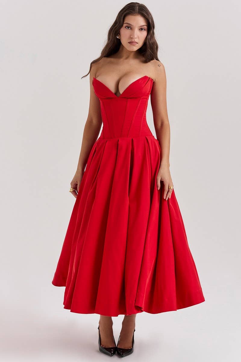 CWDTD0466_SLEEVELESS SOLID COLOR STRAPLESS MIDI DRESS