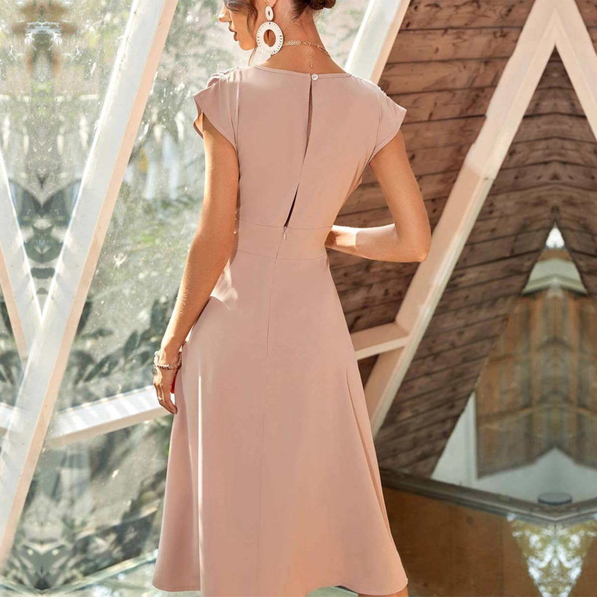 V NECK LACE UP STYLE COMMUTER SWING MIDI DRESS_CWDSD3256