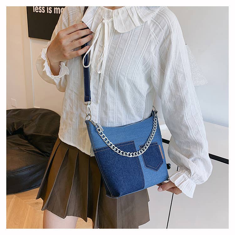 Retro patchwork denim large-capacity bag