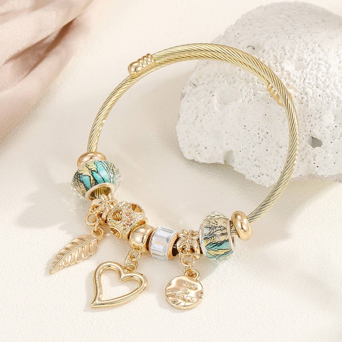 Gold Steel Bracelet with Bear & Heart Charms