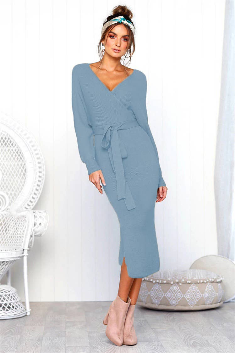 SEXY V-NECK LACE-UP LONG-SLEEVED DRESS