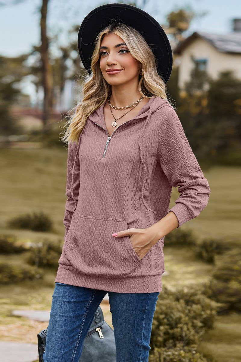 CWOHOL1094_HOODED ZIPPER LOOSE LONG SLEEVE SWEATSHIRT