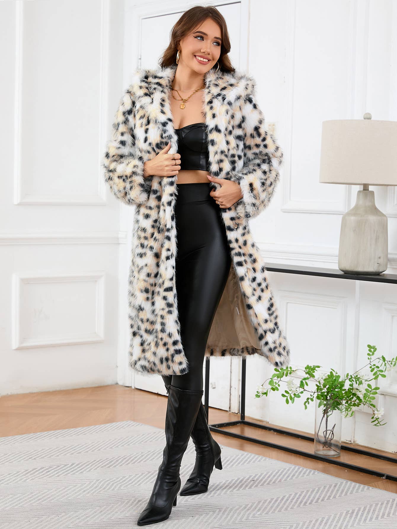 Leopard hooded long-sleeved mid-length warm coat