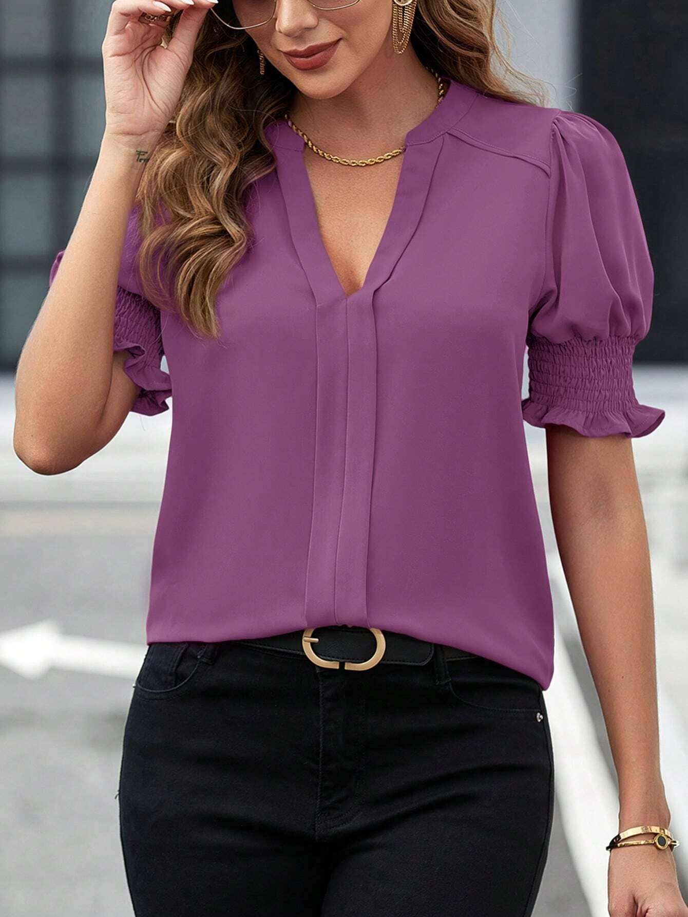 V-neck temperament puffy sleeve loose shirt