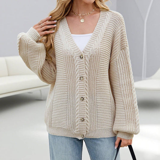 V-neck buttoned single-breasted knitted cardigan