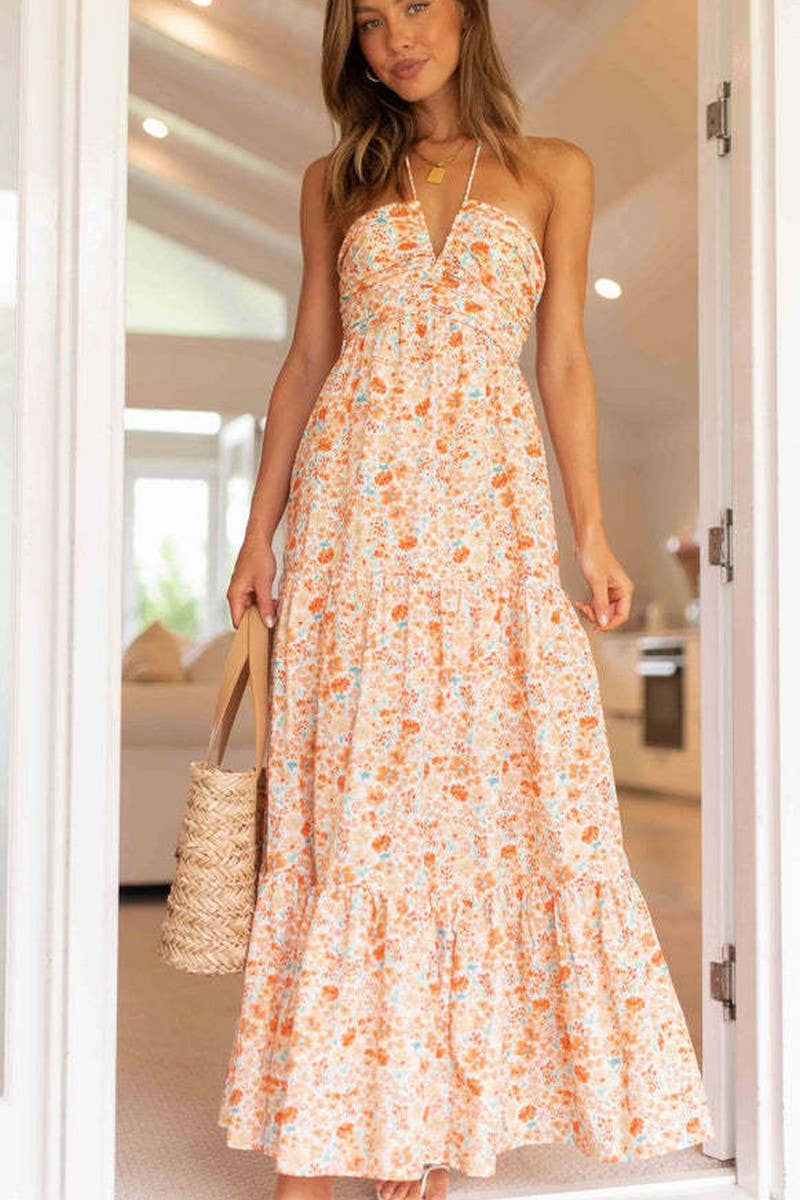 CWDMD5693_V-NECK SPAGHETTI STRAP ZIPPER PATCHWORK DRESS