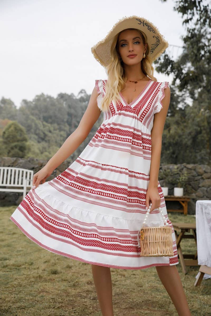 CWDMD6112_BOHO V-NECK POCKETED STRIPED TIERED DRESS