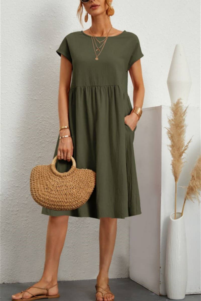 CWDSD10613_SUMMER TEMPERAMENT ROUND NECK A-LINE DRESS