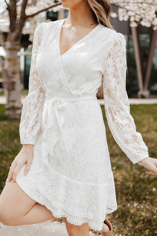 CWDSD6589_LACE DEEP V PATCHWORK LACE-UP DRESS SHORT