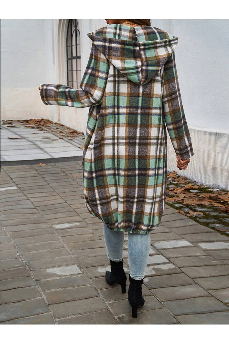 CWOCO0236_Casual Baggy Plaid Long Sleeved Zipper Hooded Coat