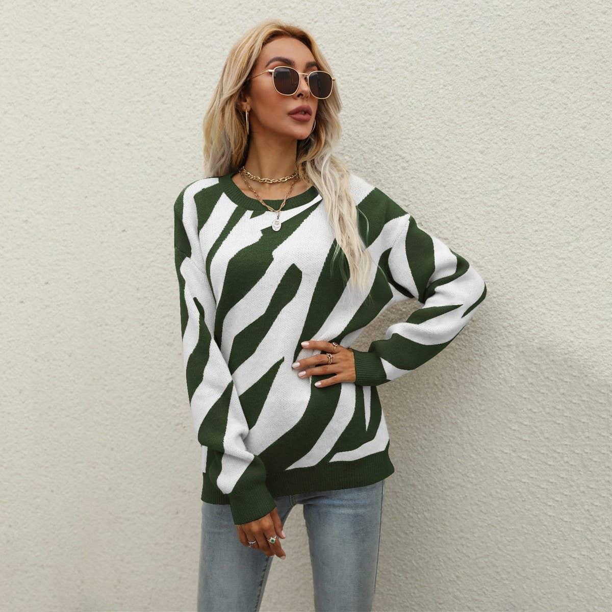 Striped stylish knit pullover sweater