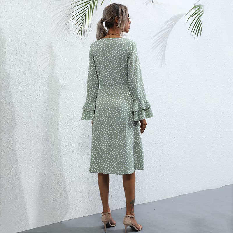 Slim print split long-sleeved French dress