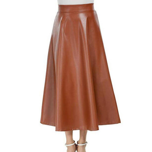 HIGH WAIST PU LEATHER LONG SKIRT WITH BIG SWING