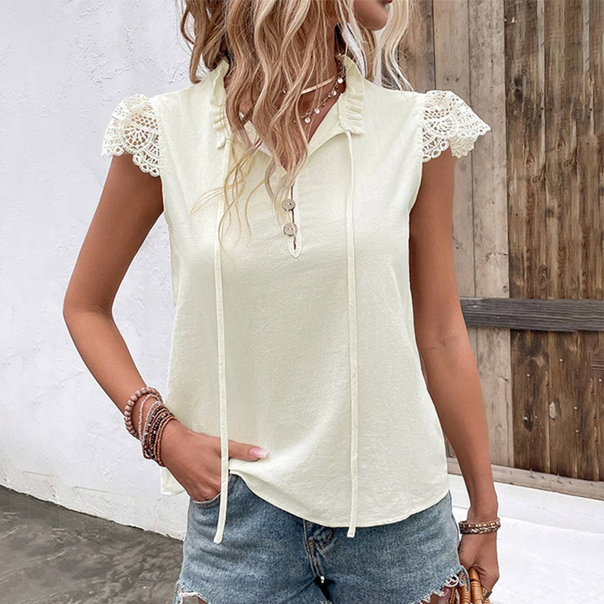 STAND-UP COLLAR SOLID COLOR LACE SLEEVE SHIRT