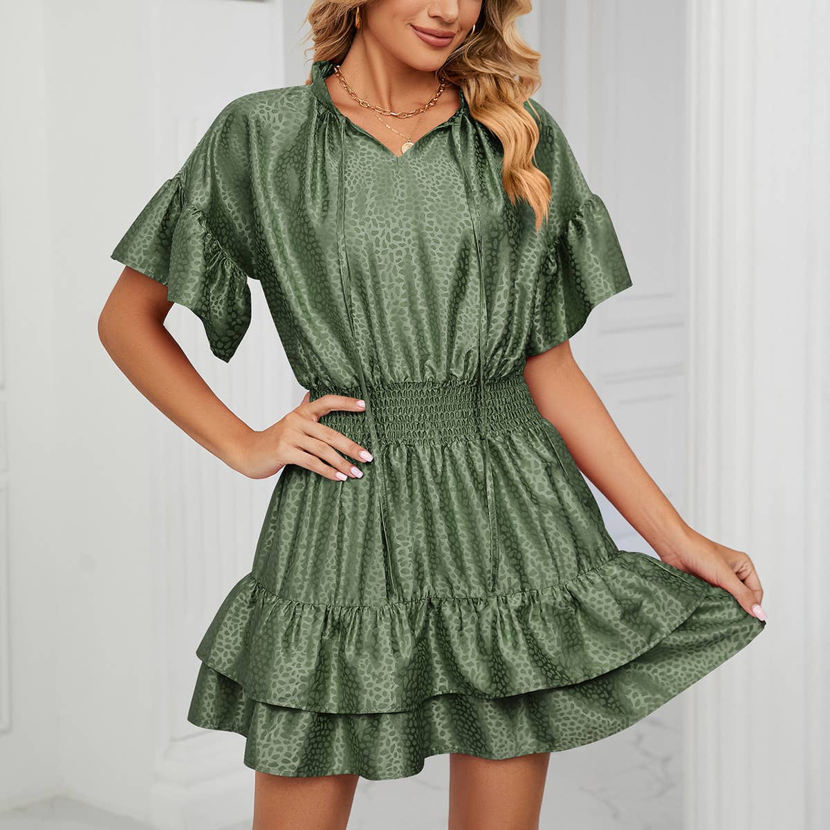 SATIN WAISTLINE V-NECK RUFFLED SKIRT DRESS