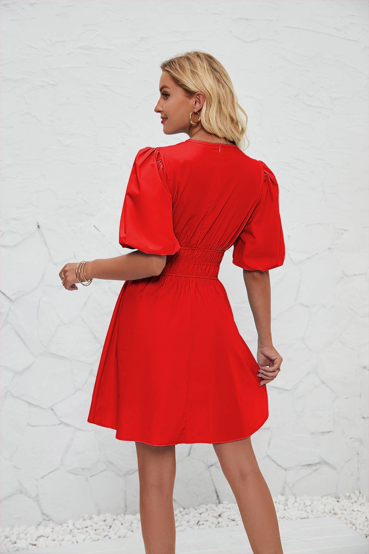 V-NECK PUFFY SLEEVE PLEATED HIGH-WAISTED DRESS