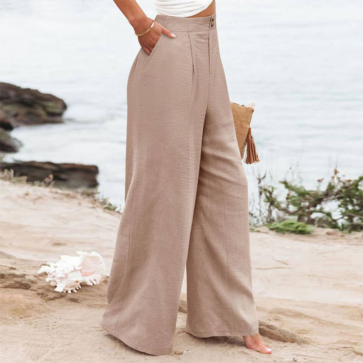 STYLISH SOLID COLOR ELASTIC BAGGY WIDE-LEG PANTS