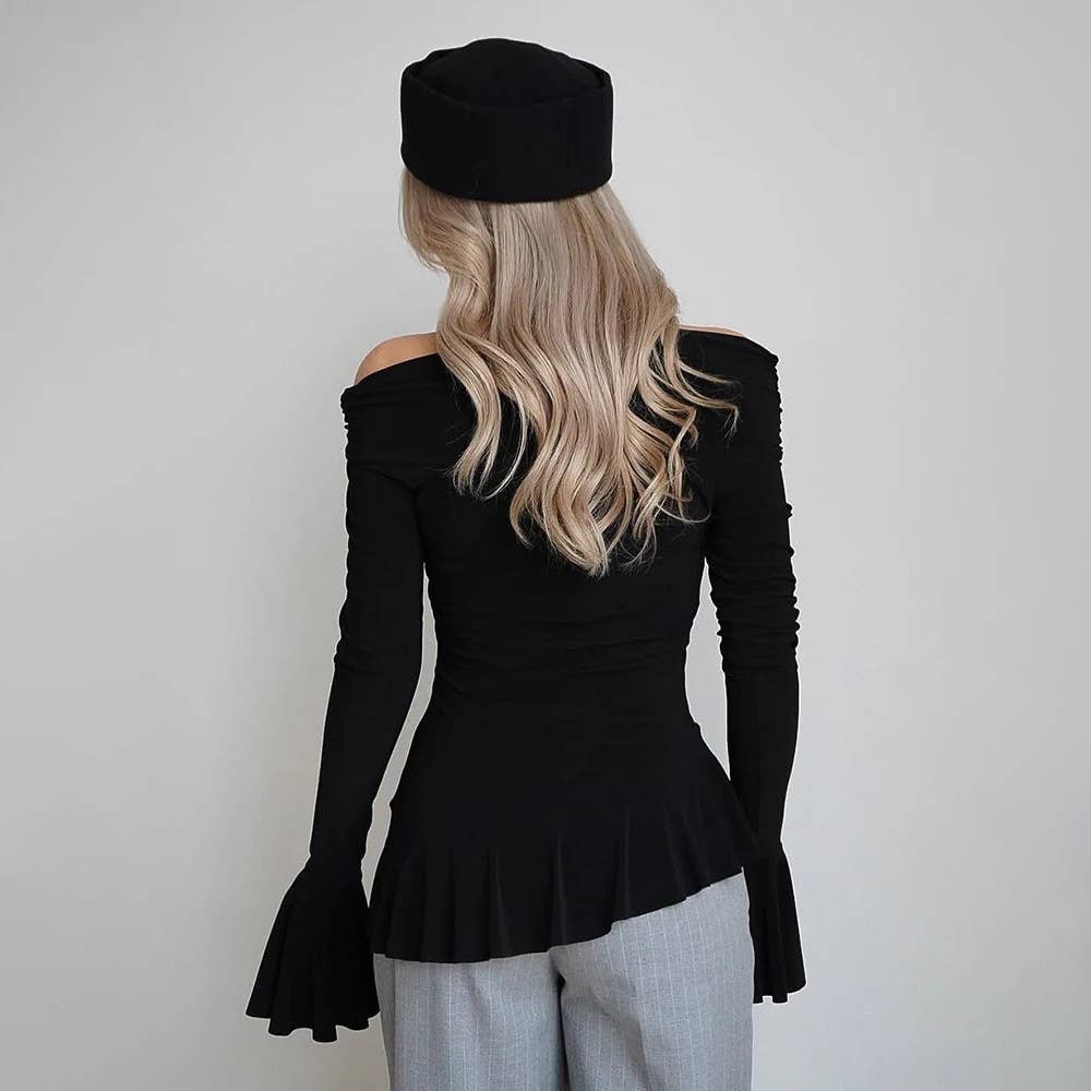 Solid color long-sleeved ruffled slim T-shirt