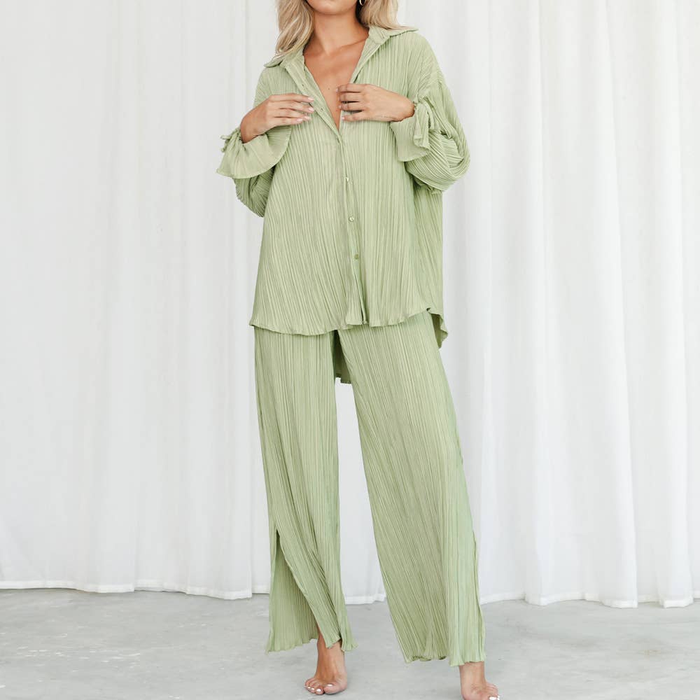 Fashion Pleated Shirt with Split Long Sleeve Set
