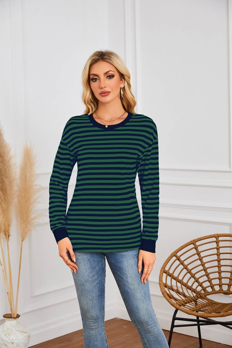 STRIPED CREW-NECK LONG-SLEEVED PULLOVER HOODIE