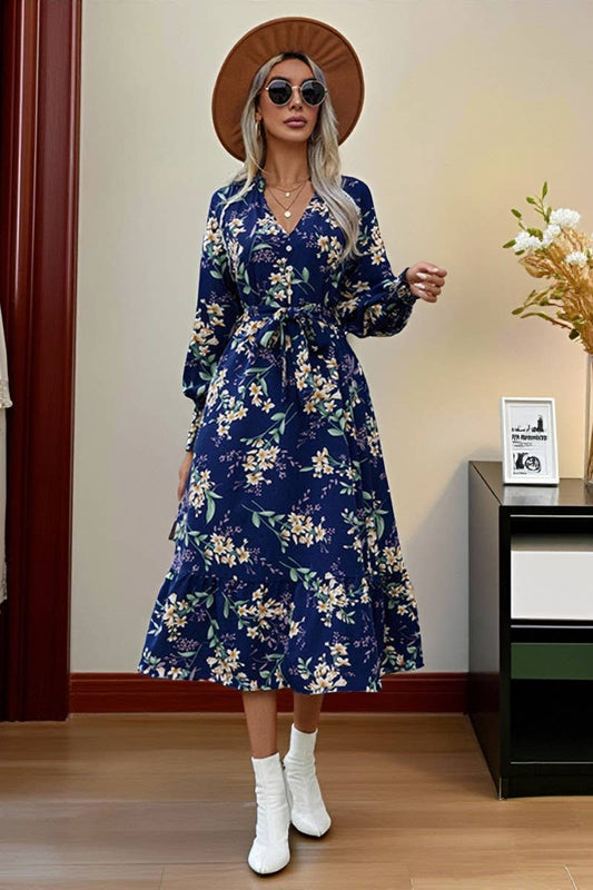 CWDMD01041_V-NECK LONG SLEEVE FLORAL PRINT DRESS