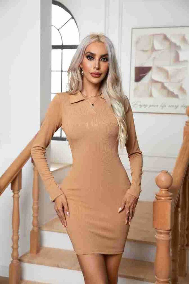 CWDSD7334_LAPEL LONG-SLEEVED RIBBED HIP DRESS