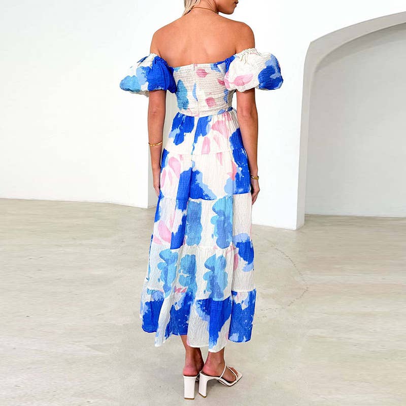 Sweet off-the-shoulder print puffy sleeve dress