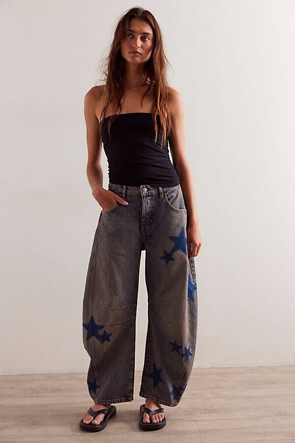 Low-waisted non-elastic washed embroidered jeans
