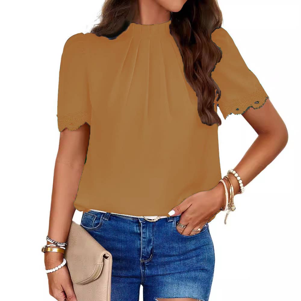 Semi-high-neck lace-trimmed short-sleeved shirt