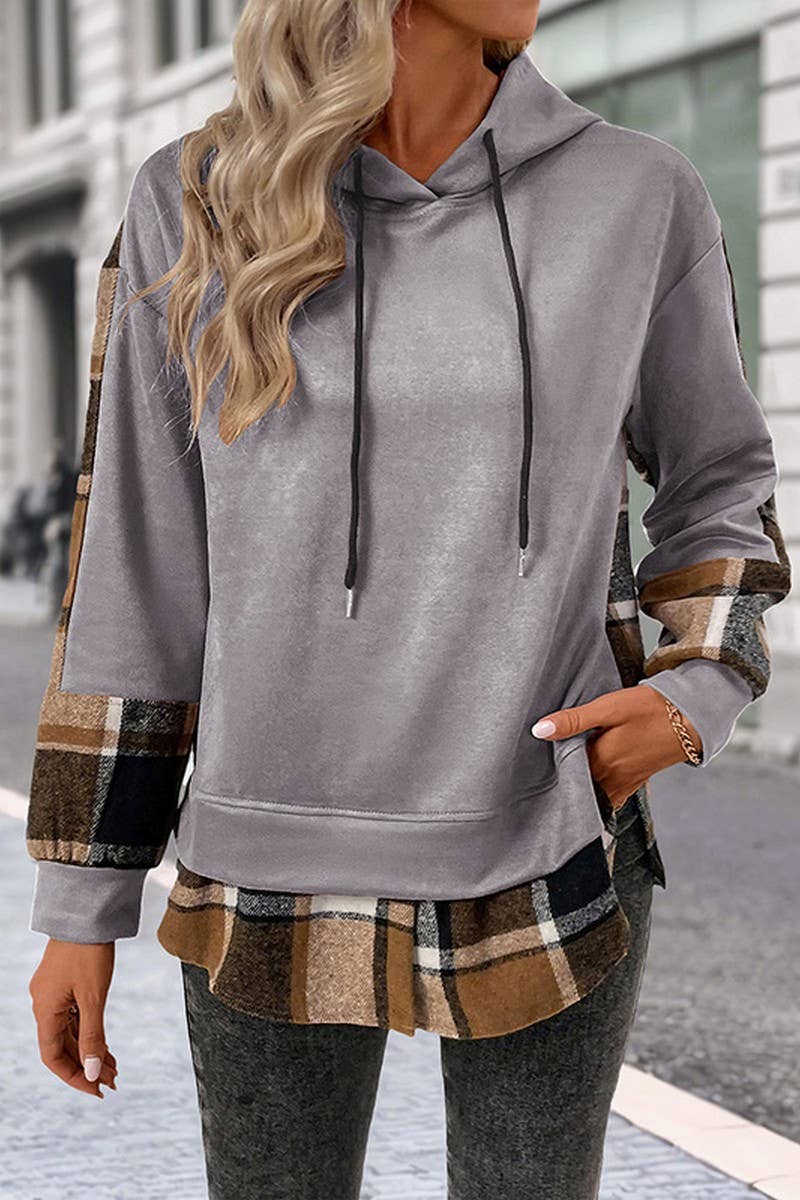 CWOHOL00587_PLAID PATCHWORK BRITISH STYLE HOODED SWEATSHIRT