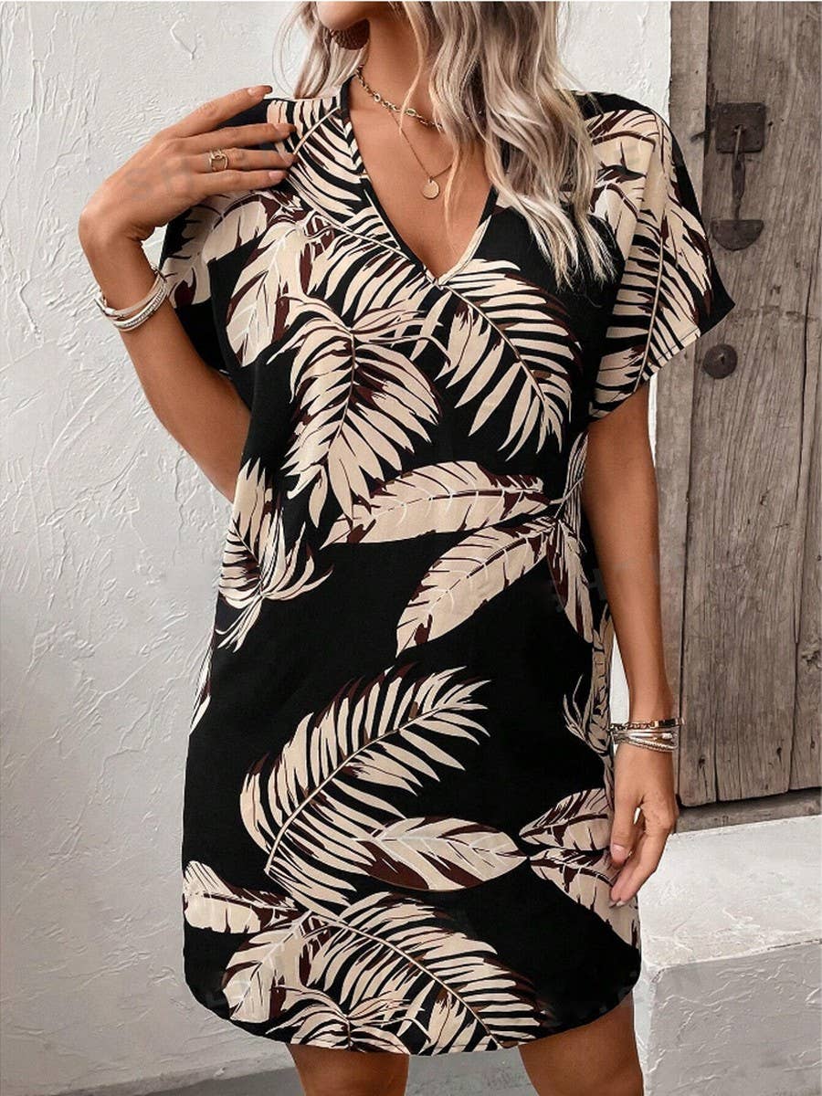 Plant print v-neck casual loose mid-length dress