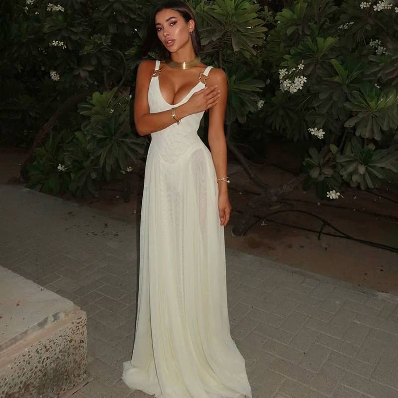 SEXY V-NECK HALTER SKIRT TEMPERAMENT MESH DRESS