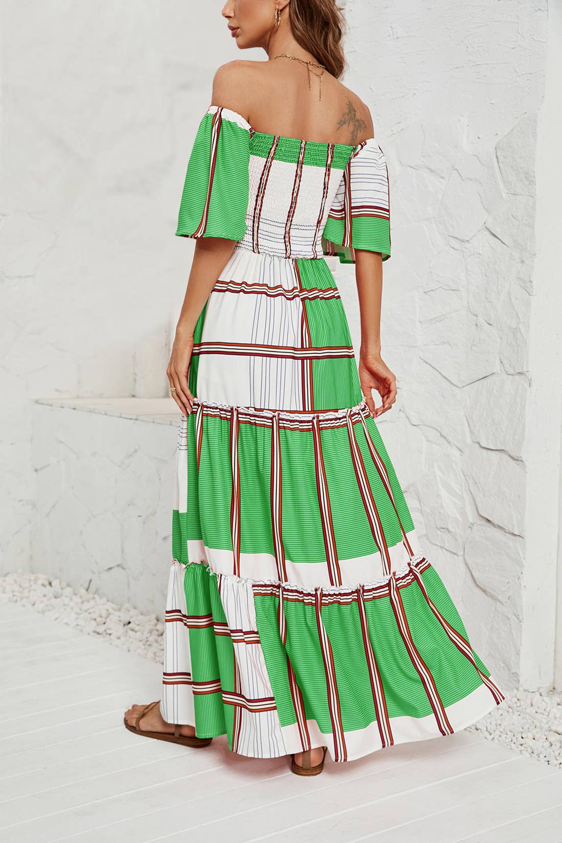 Striped peplum dress with line neck