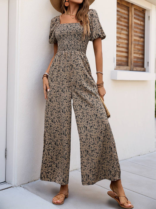 Printed jumpsuit with square collar puffed sleeve