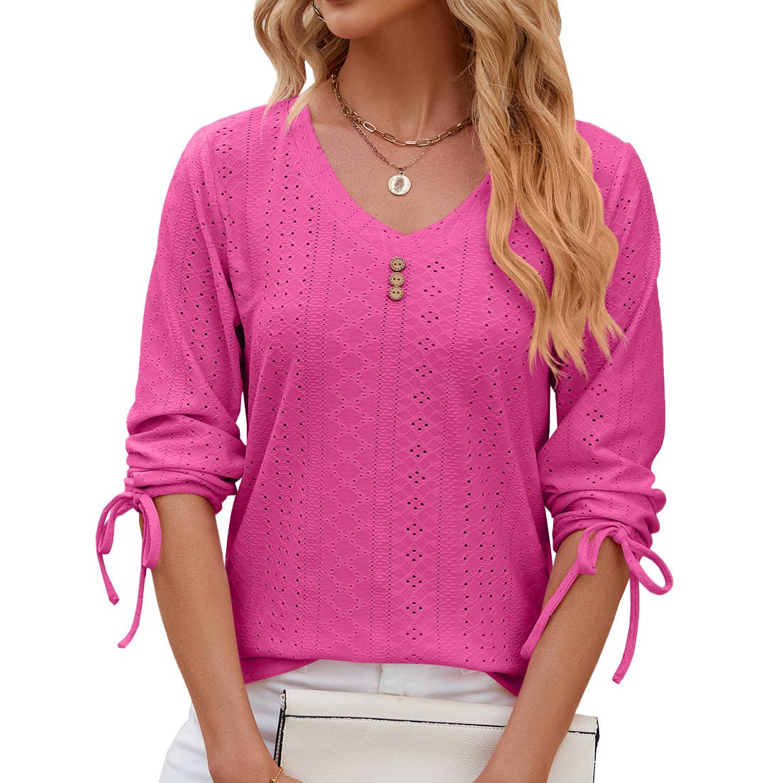 V-neck seven-point sleeved drawstring loose shirt